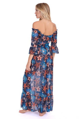 Vestito Lungo Blanca Scollo Barca Fantasia