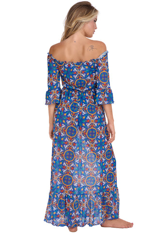 Vestito Lungo Blanca Scollo Barca Fantasia