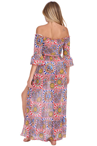 Vestito Lungo Blanca Scollo Barca Fantasia