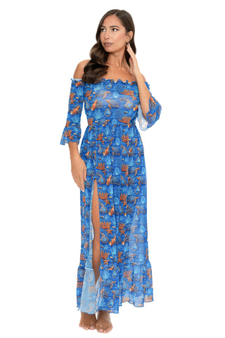 Vestito Lungo Blanca Scollo Barca Fantasia