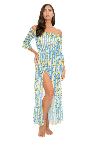 Vestito Lungo Blanca Scollo Barca Fantasia