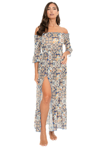 Vestito Lungo Blanca Scollo Barca Fantasia