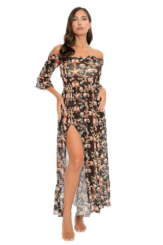 Vestito Lungo Blanca Scollo Barca Fantasia