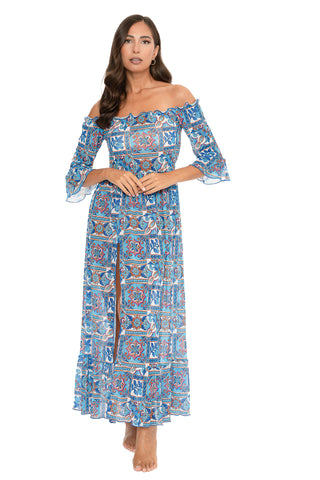 Vestito Lungo Blanca Scollo Barca Fantasia