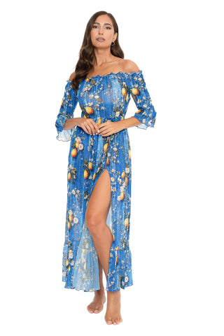 Vestito Lungo Blanca Scollo Barca Fantasia