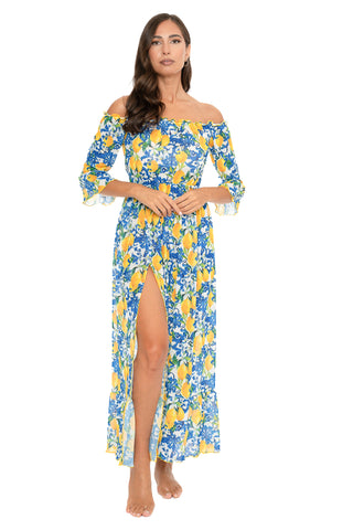 Vestito Lungo Blanca Scollo Barca Fantasia