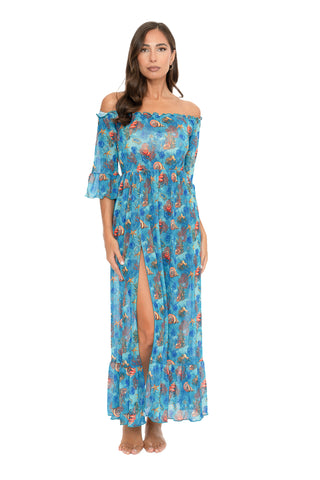 Vestito Lungo Blanca Scollo Barca Fantasia