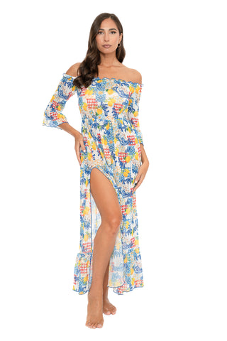 Vestito Lungo Blanca Scollo Barca Fantasia