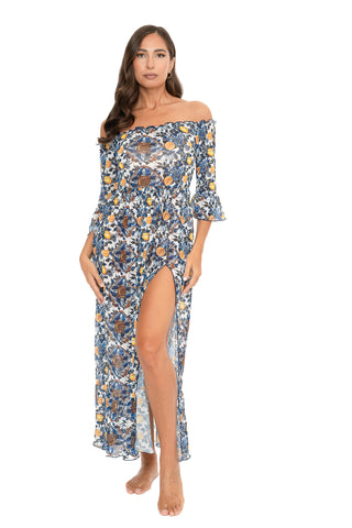 Vestito Lungo Blanca Scollo Barca Fantasia