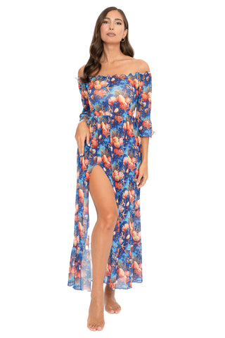 Vestito Lungo Blanca Scollo Barca Fantasia