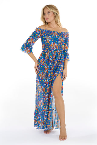 Vestito Lungo Blanca Scollo Barca Fantasia