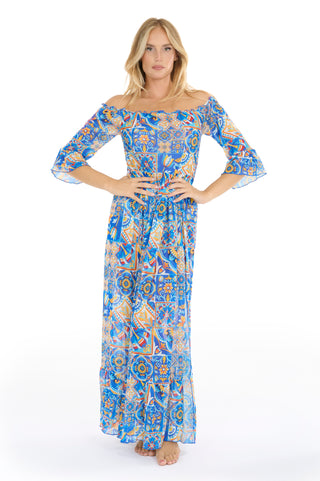 Vestito Lungo Blanca Scollo Barca Fantasia