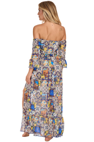 Vestito Lungo Blanca Scollo Barca Fantasia